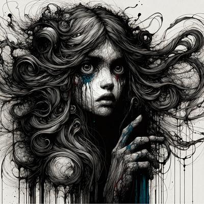The primary subject of the image is a woman with long hair, who appears to be crying. She is wearing a black dress and has a tear on her face. The setting is a dark, moody environment, possibly a night scene. The visual style is a black and white drawing or illustration, giving the image a dramatic and artistic feel. The colors and mood are predominantly dark and somber, reflecting the emotions of the woman in the drawing.